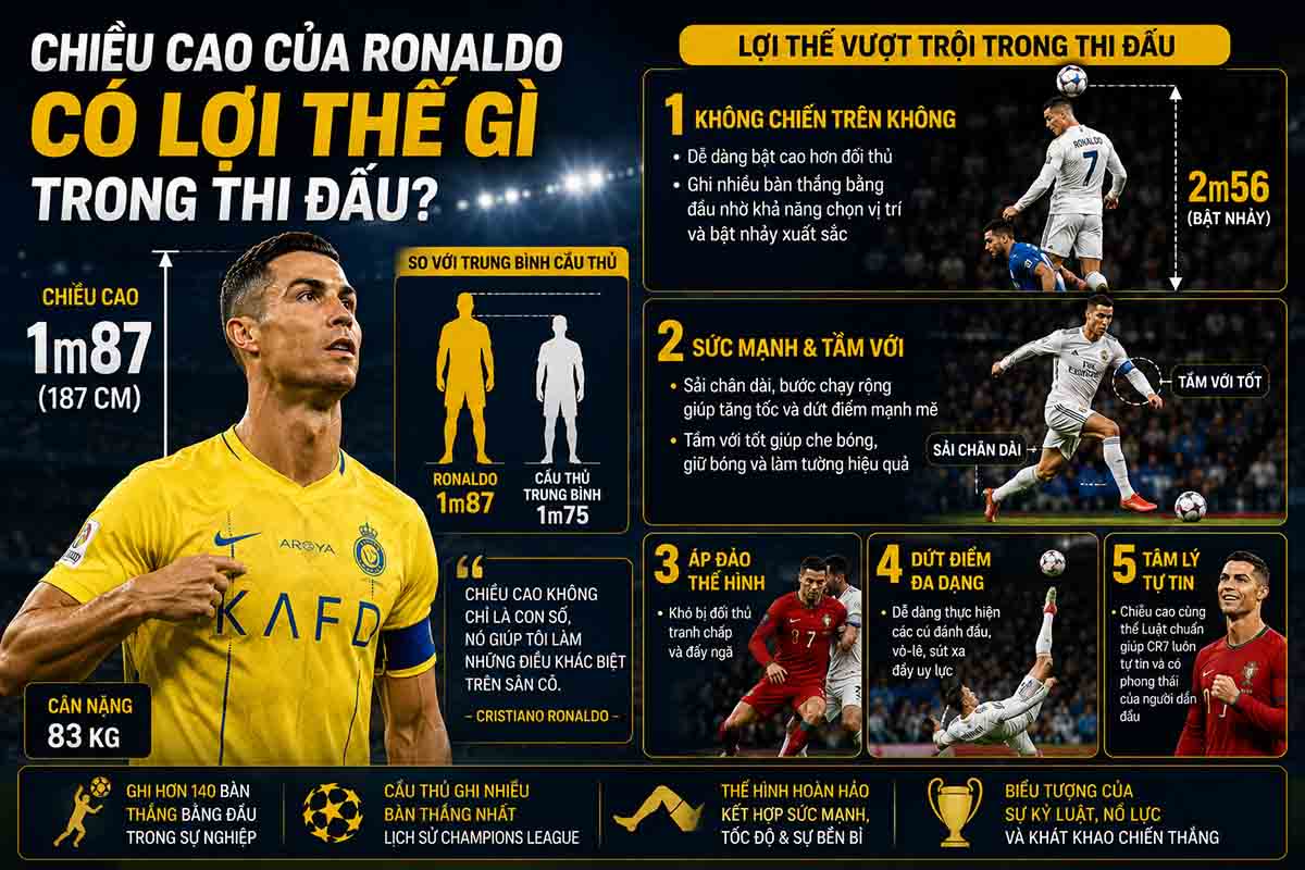 Chiều cao của Ronaldo có lợi thế gì trong thi đấu?